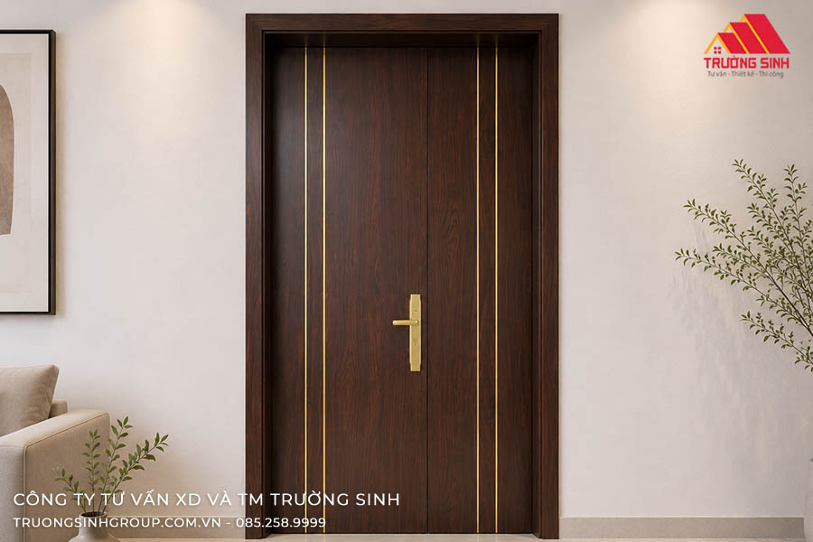 Cửa Composite 2 cánh lệch với các đường soi chỉ vàng